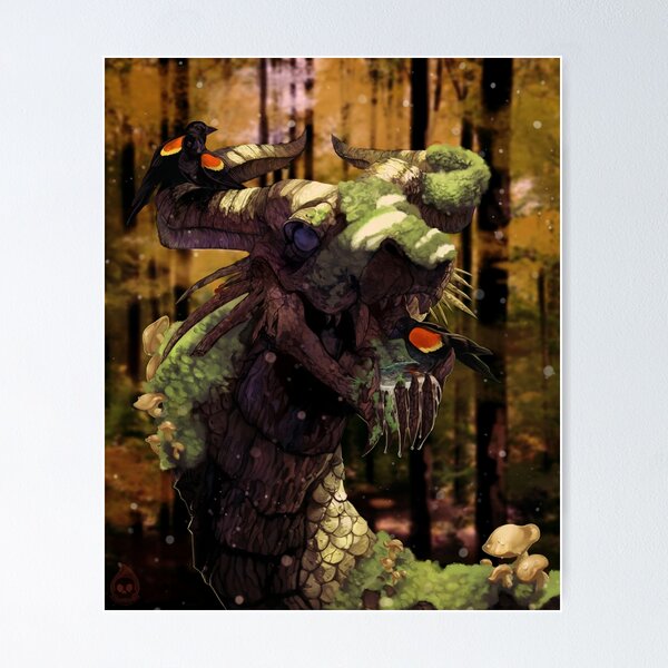 Stone Dragon and Black Birds Digital Art Painting Poster   product Offical kaiju no 8 Merch